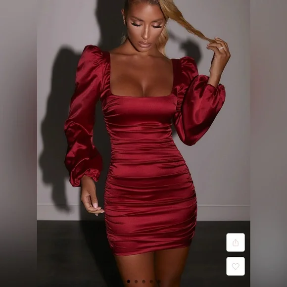 fitted lace wedding dress Demelza Long Sleeve Sweetheart Neckline Mini Dress in Fire Red main image 1